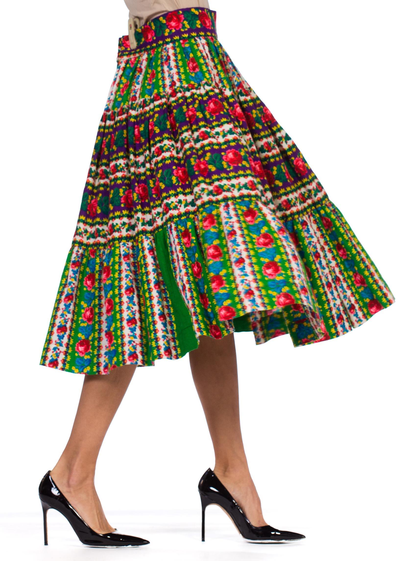 Women's 1970S Bright Multicolor Cotton  Boho Floral Rose Skirt For Sale