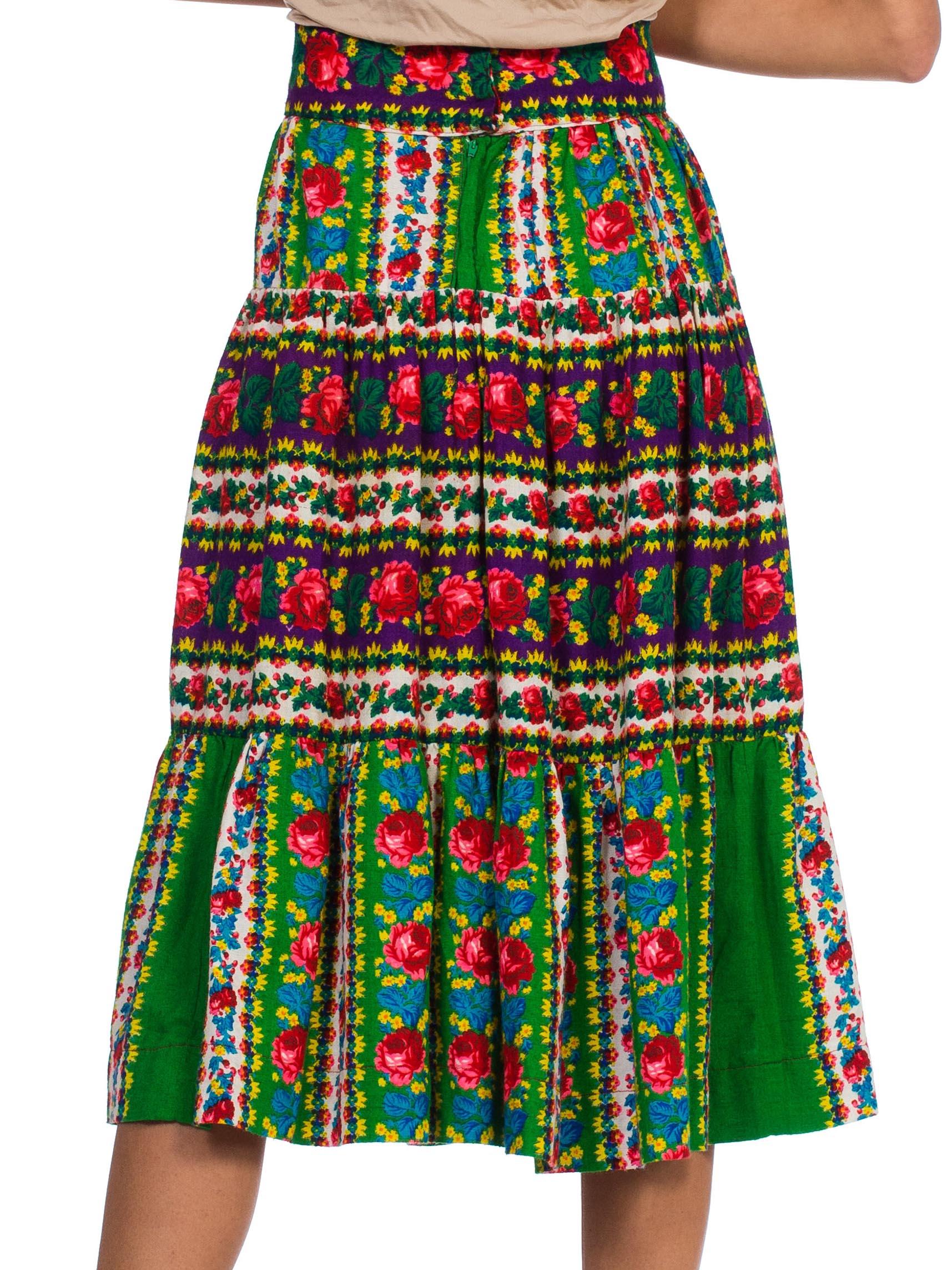 1970S Bright Multicolor Cotton  Boho Floral Rose Skirt For Sale 1