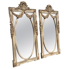 1970s Boho French Style Reclaimed Wood Floral Oval Rustic Mirrors, Set of 2