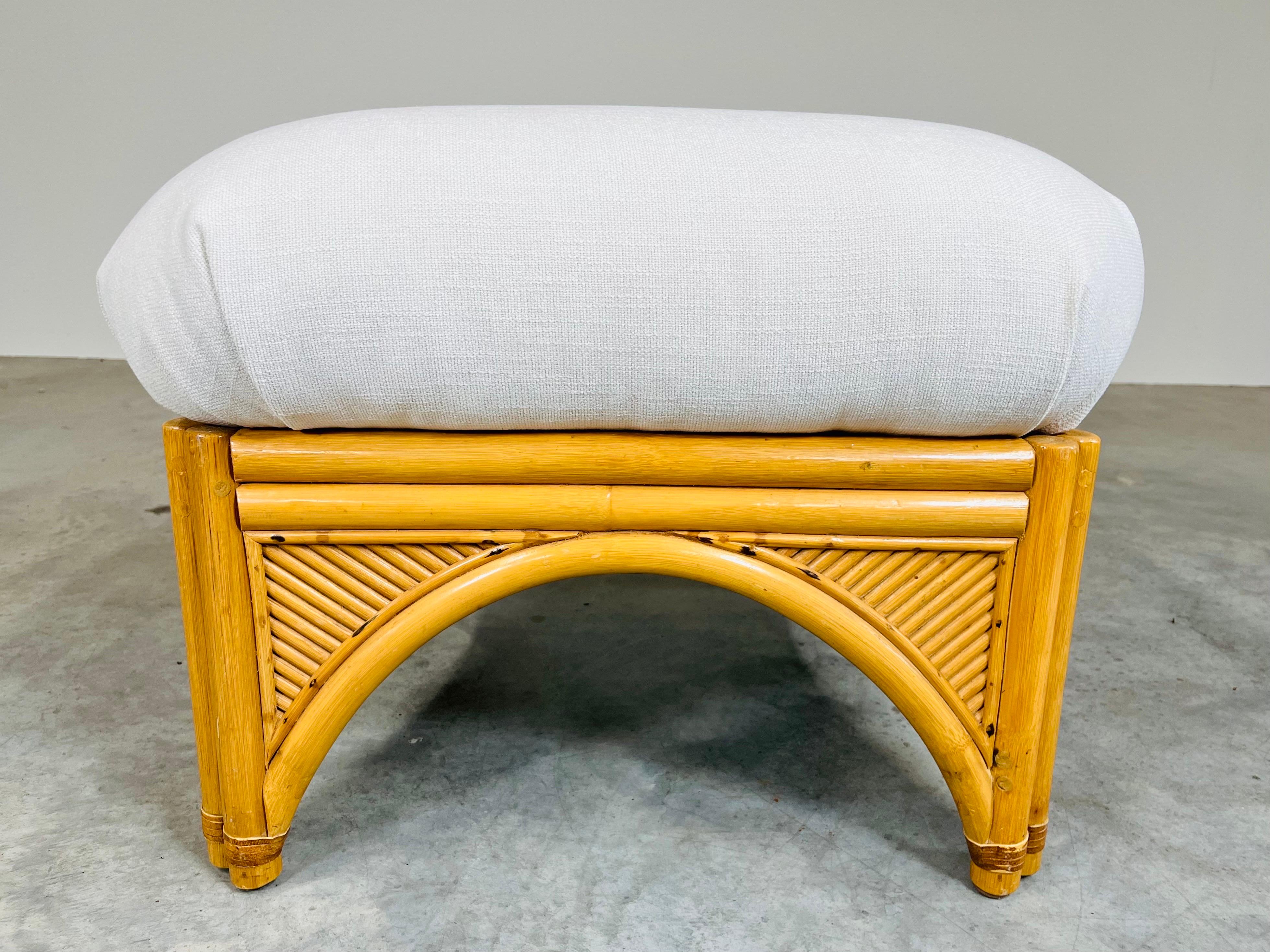 1970s Boho Rattan Bamboo Pouf Ottoman Having Fresh Upholstery And Cushioning  In Excellent Condition For Sale In Southampton, NJ
