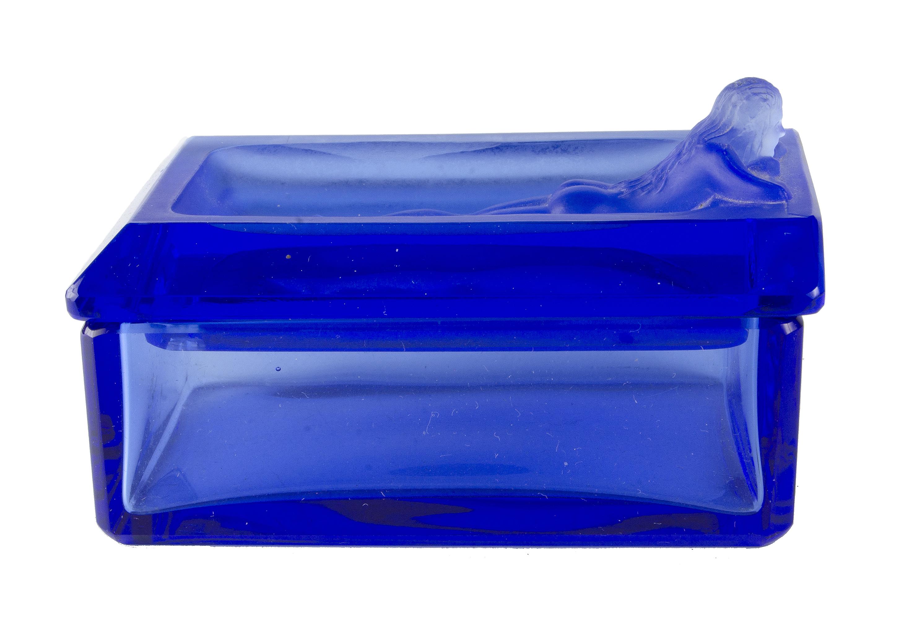 Bohemian 1970s Boho Translucent Blue Glass Decorative Box with Nymph Lid, Czech Republic For Sale