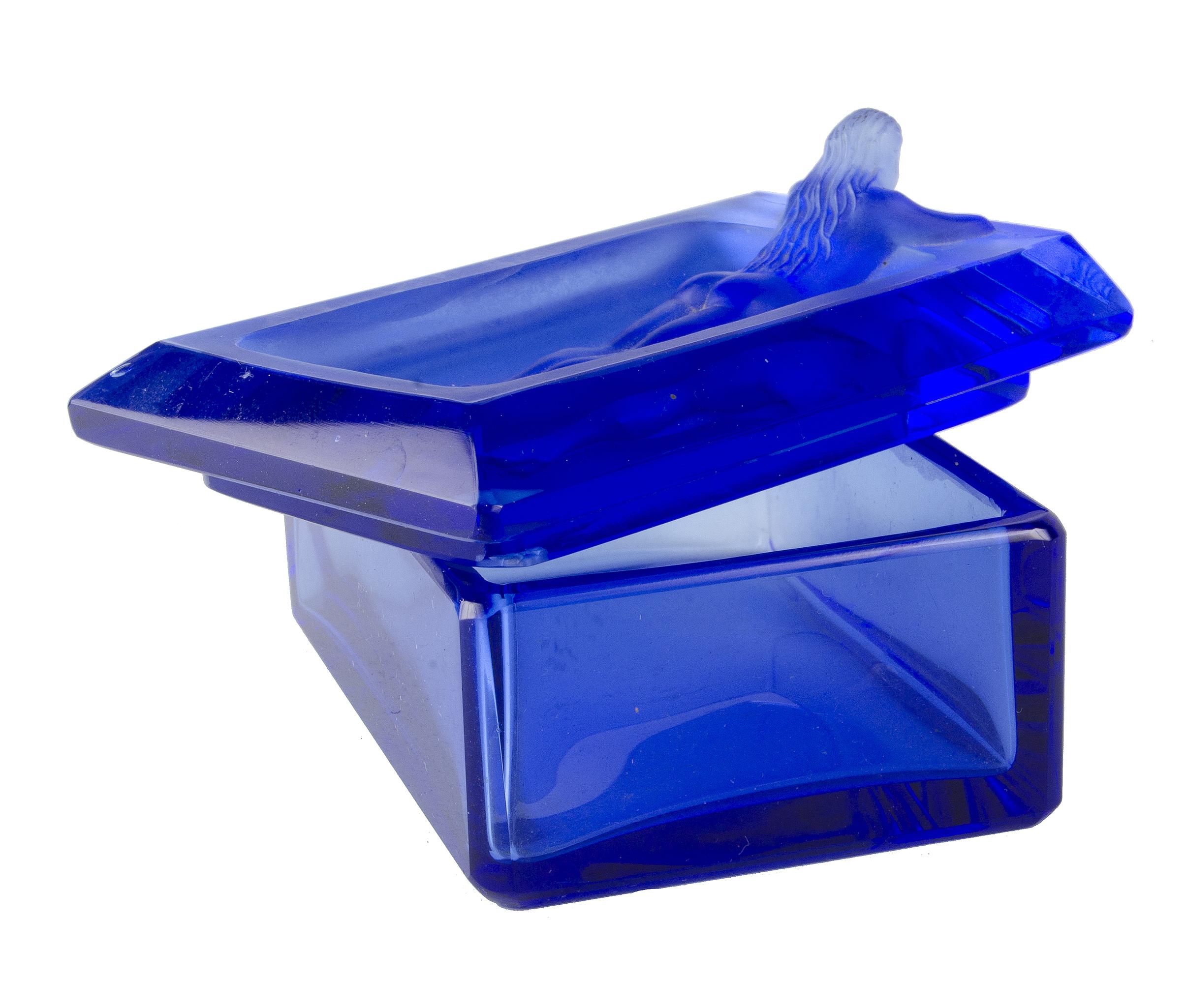 Cast 1970s Boho Translucent Blue Glass Decorative Box with Nymph Lid, Czech Republic For Sale
