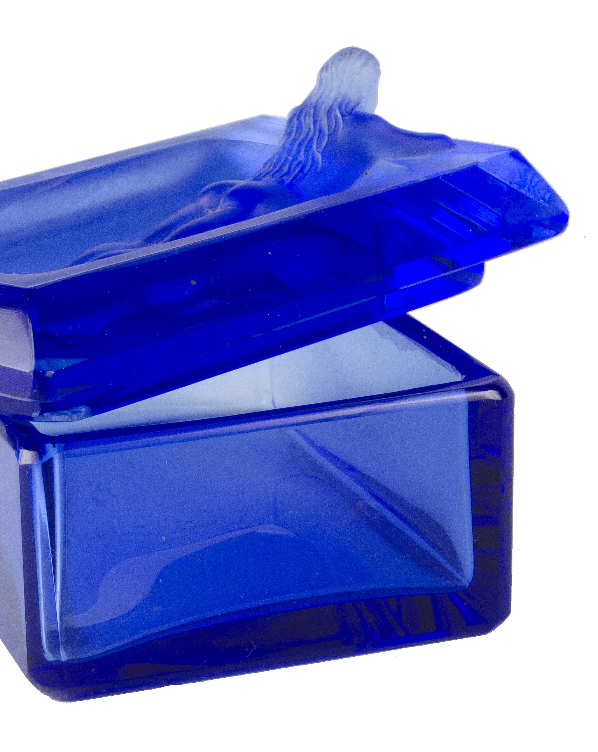 1970s Boho Translucent Blue Glass Decorative Box with Nymph Lid, Czech Republic In Good Condition For Sale In North Miami, FL