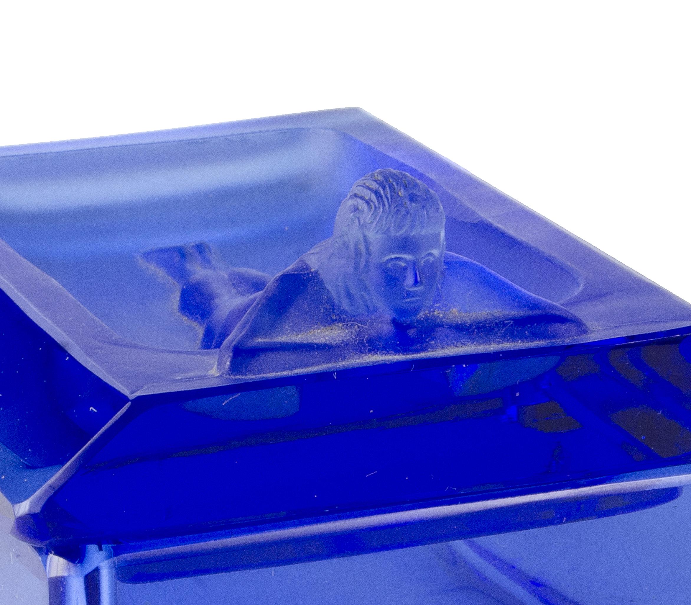 Crystal 1970s Boho Translucent Blue Glass Decorative Box with Nymph Lid, Czech Republic For Sale