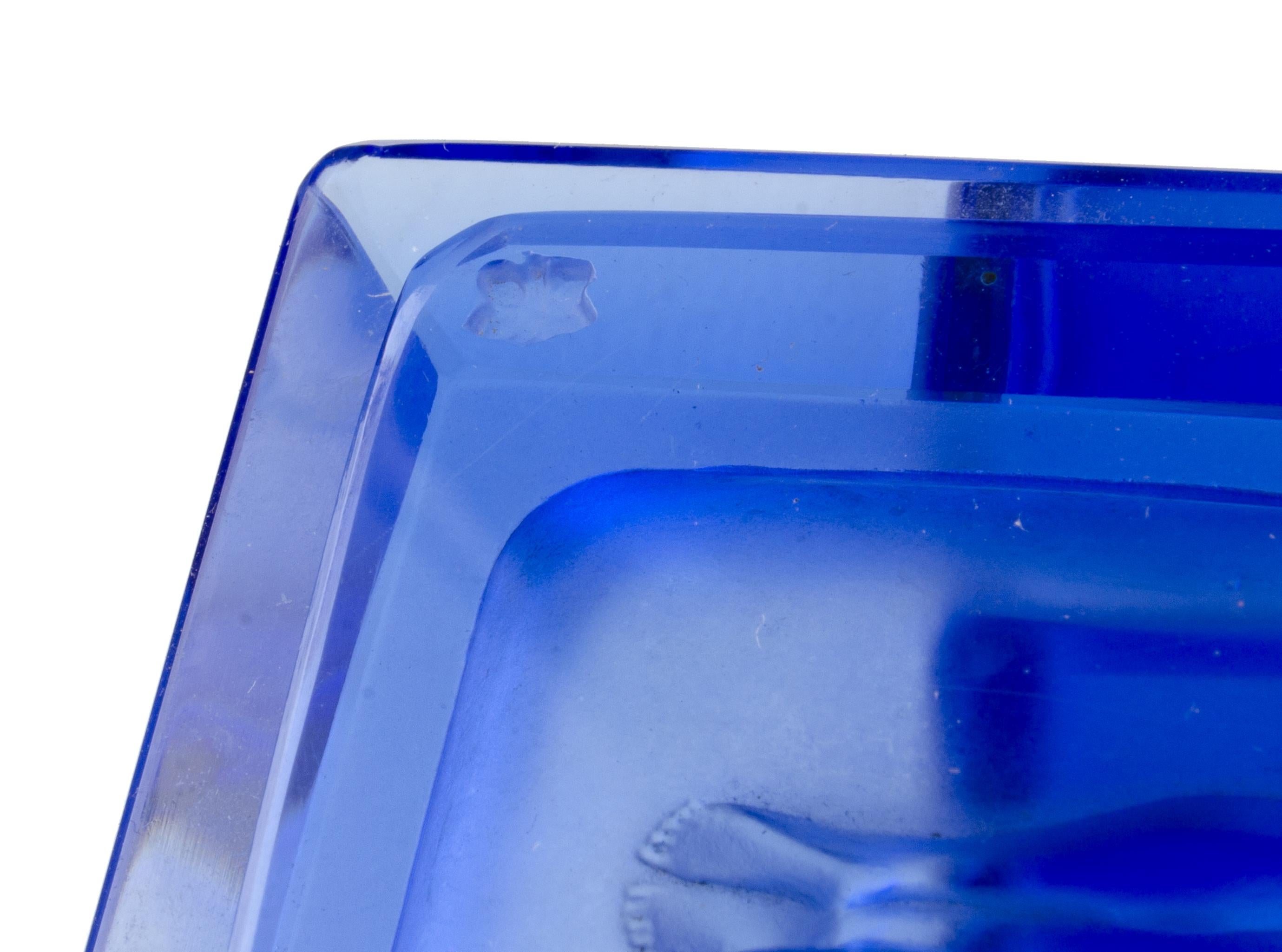 1970s Boho Translucent Blue Glass Decorative Box with Nymph Lid, Czech Republic For Sale 2