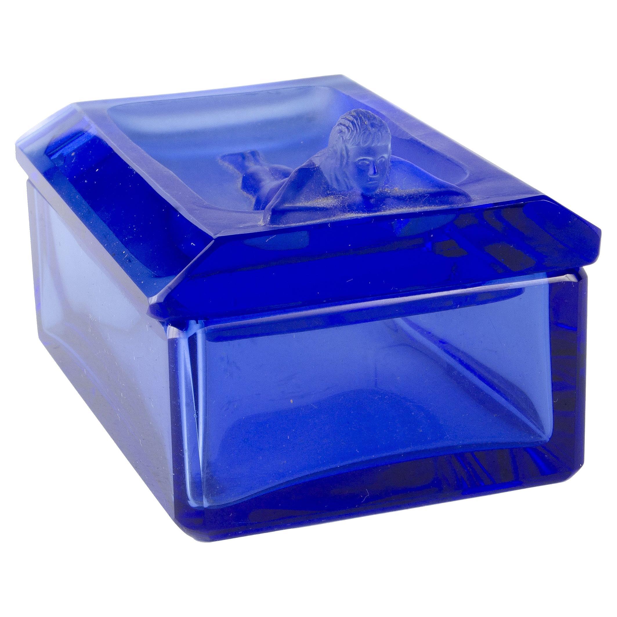 1970s Boho Translucent Blue Glass Decorative Box with Nymph Lid, Czech Republic For Sale