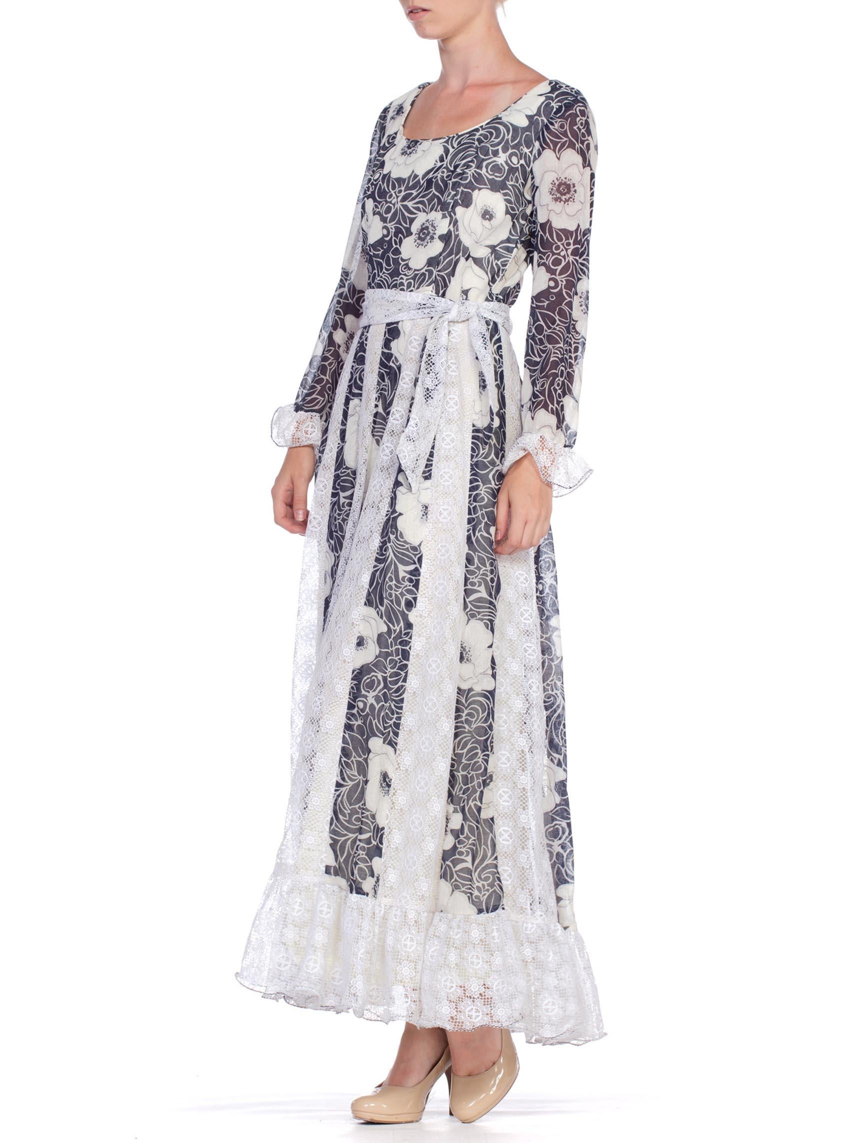 1970's Boho Victorian Revival Floral Cotton And Lace Dress 4