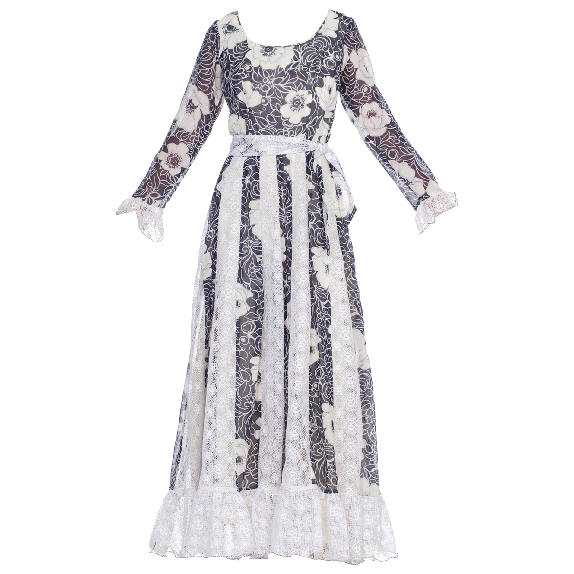 1970's Boho Victorian Revival Floral Cotton And Lace Dress