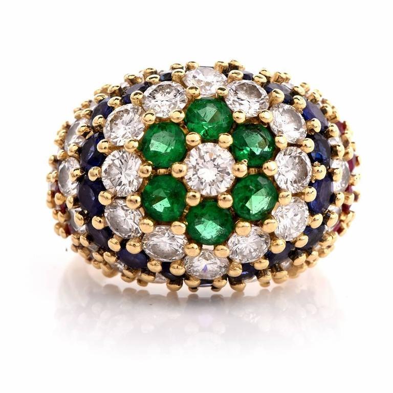 Round Cut 1970s Bombe Diamond Emerald Sapphire Ruby 18 Karat Gold Dome Ring For Sale