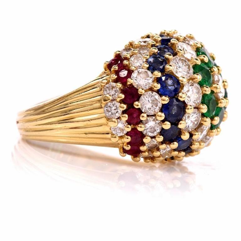 1970s Bombe Diamond Emerald Sapphire Ruby 18 Karat Gold Dome Ring In Excellent Condition For Sale In Miami, FL