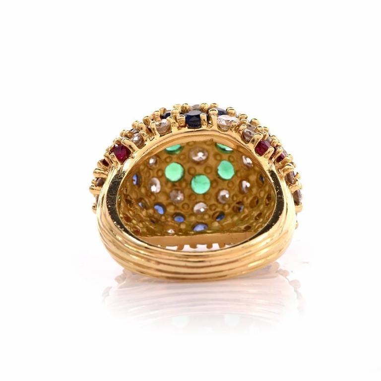 Women's or Men's 1970s Bombe Diamond Emerald Sapphire Ruby 18 Karat Gold Dome Ring For Sale