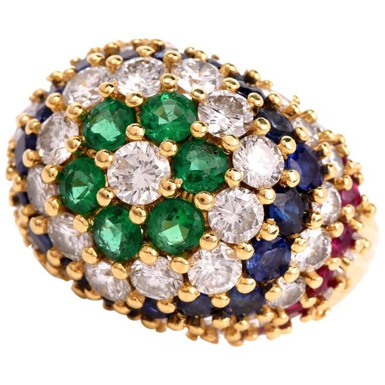 1970s Bombe Diamond Emerald Sapphire Ruby 18 Karat Gold Dome Ring For Sale