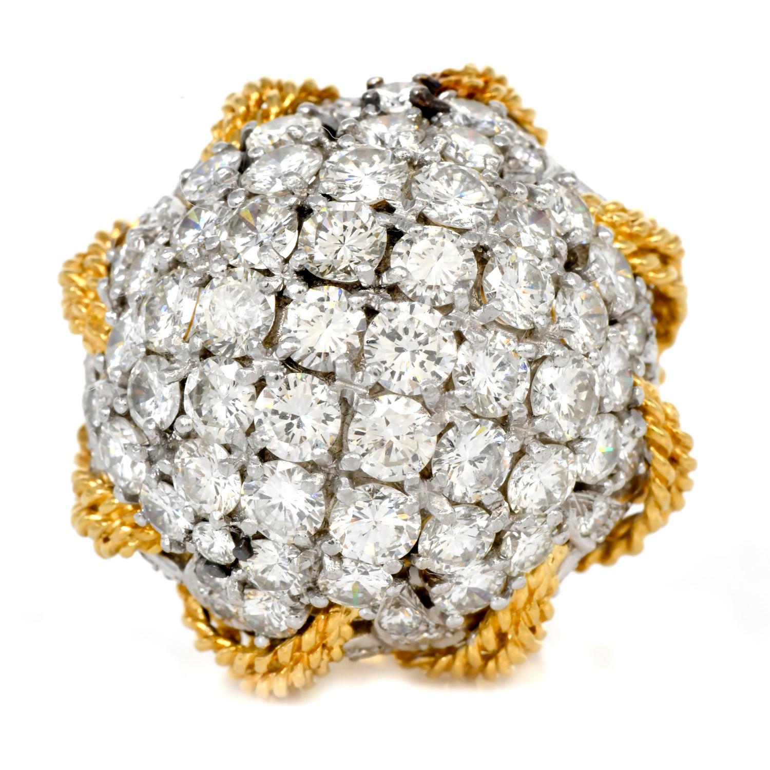 This Stunning ring with pave diamonds is designed as a bombé plaque, prong-set with large round-faceted high-quality diamonds set in solid platinum. The rope design body and shank is crafted in solid 18K yellow gold, and the center is
