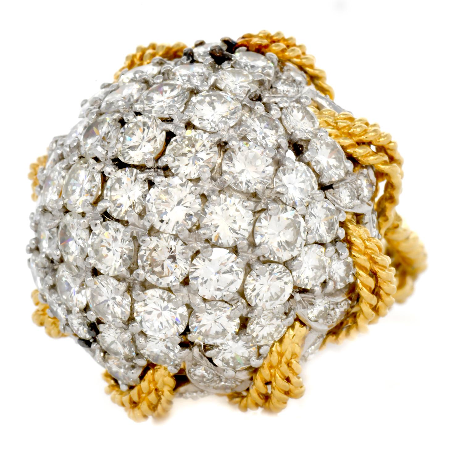 Retro 1970's Bombe Large Diamond Cluster 18K Gold Platinum Rope Dome Cocktail Ring
