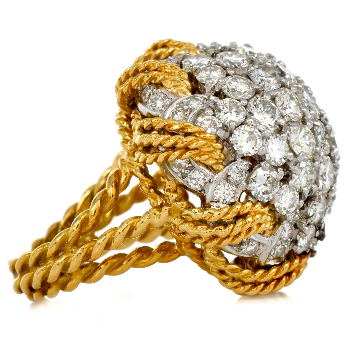 1970's Bombe Large Diamond Cluster 18K Gold Platinum Rope Dome Cocktail Ring In Excellent Condition In Miami, FL