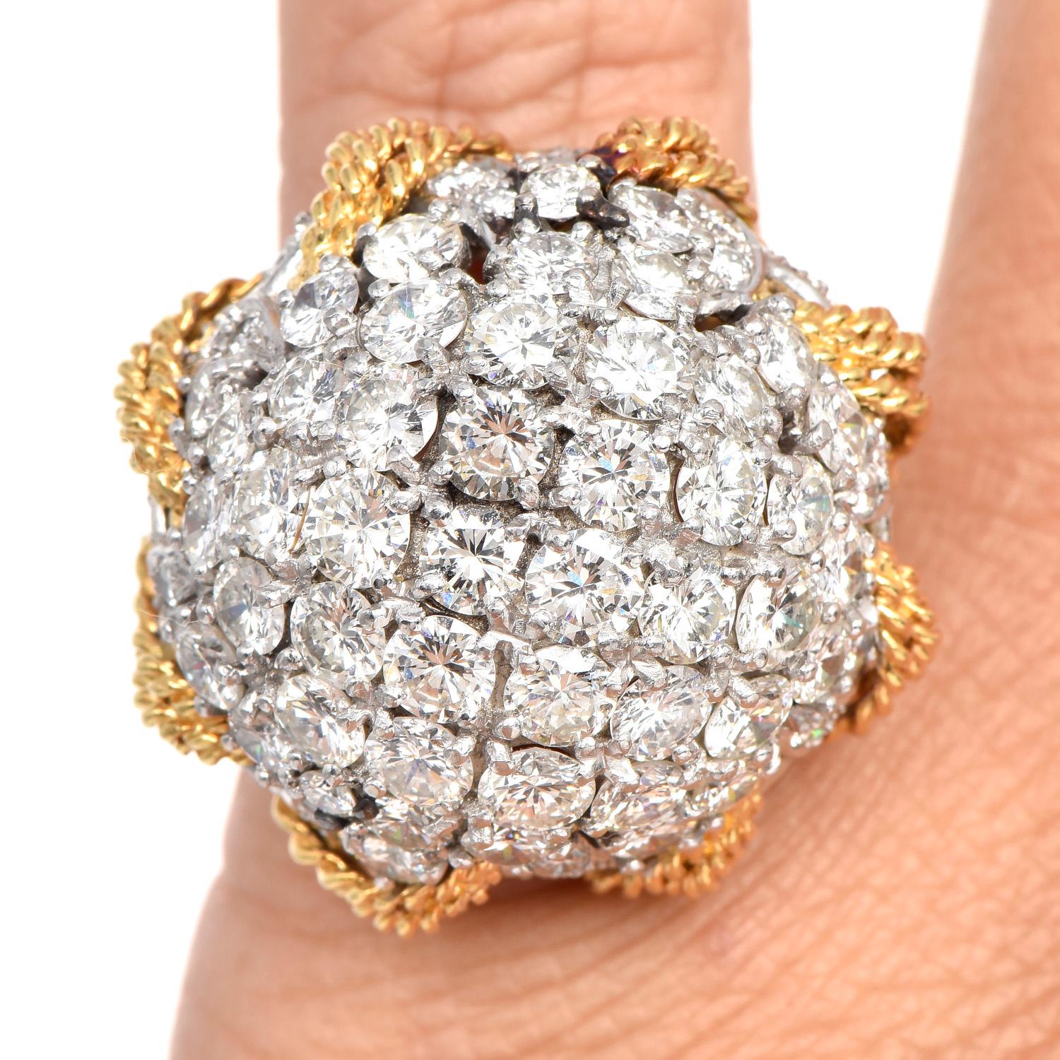 Women's 1970's Bombe Large Diamond Cluster 18K Gold Platinum Rope Dome Cocktail Ring