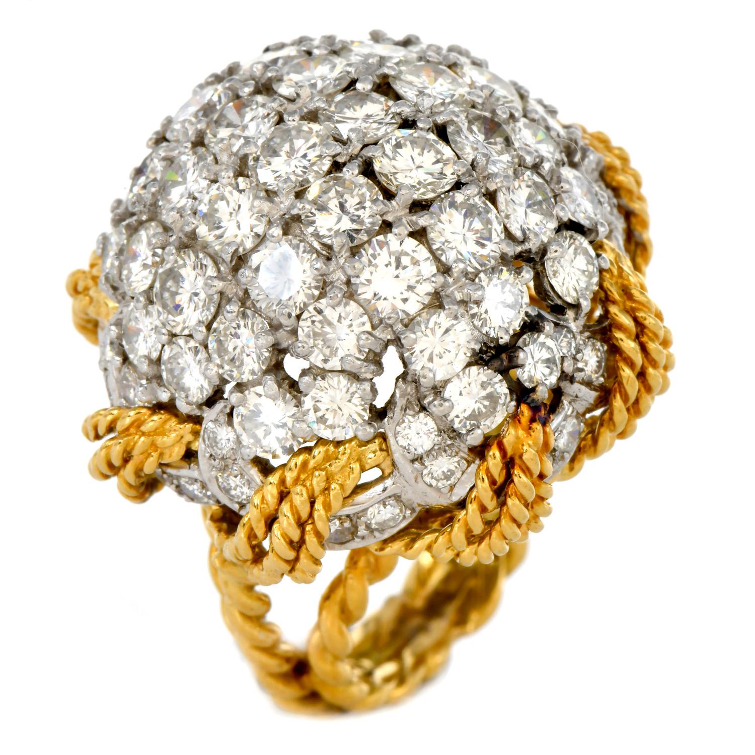 1970's Bombe Large Diamond Cluster 18K Gold Platinum Rope Dome Cocktail Ring