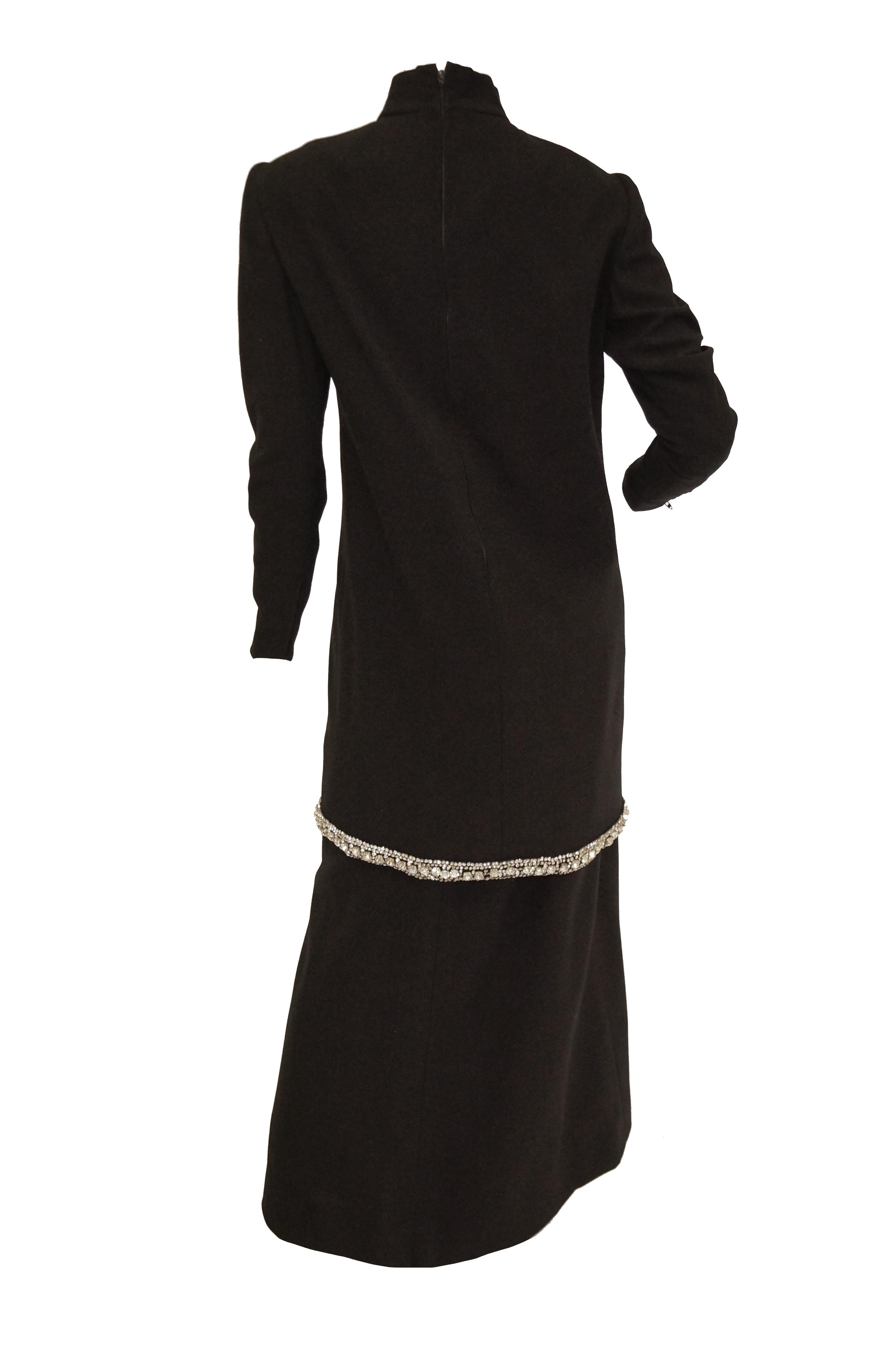 1970s Black Wool Evening Dress Ensemble with Oversized Rhinestone Trim For Sale 7