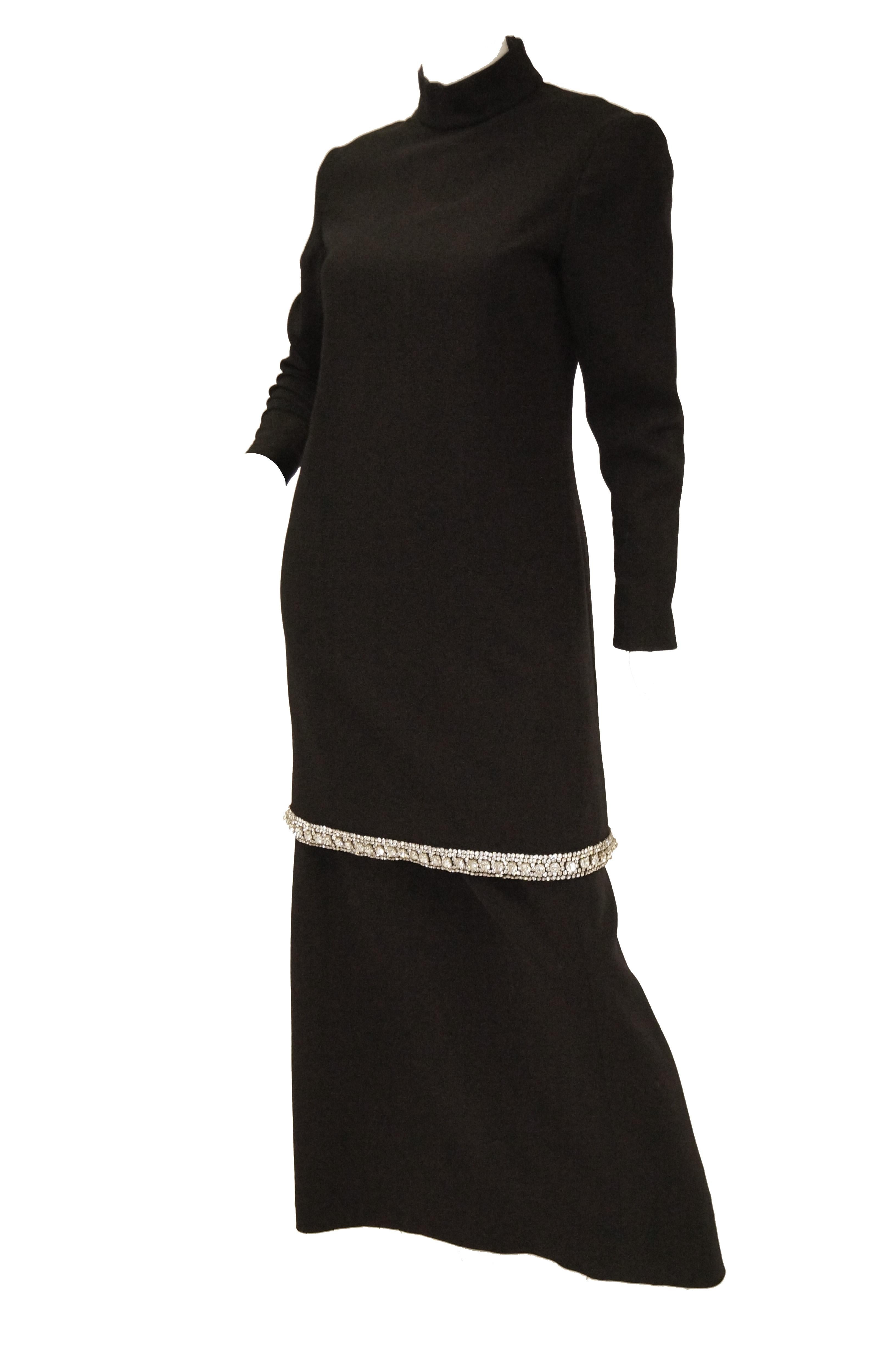 1970s Black Wool Evening Dress Ensemble with Oversized Rhinestone Trim For Sale 2