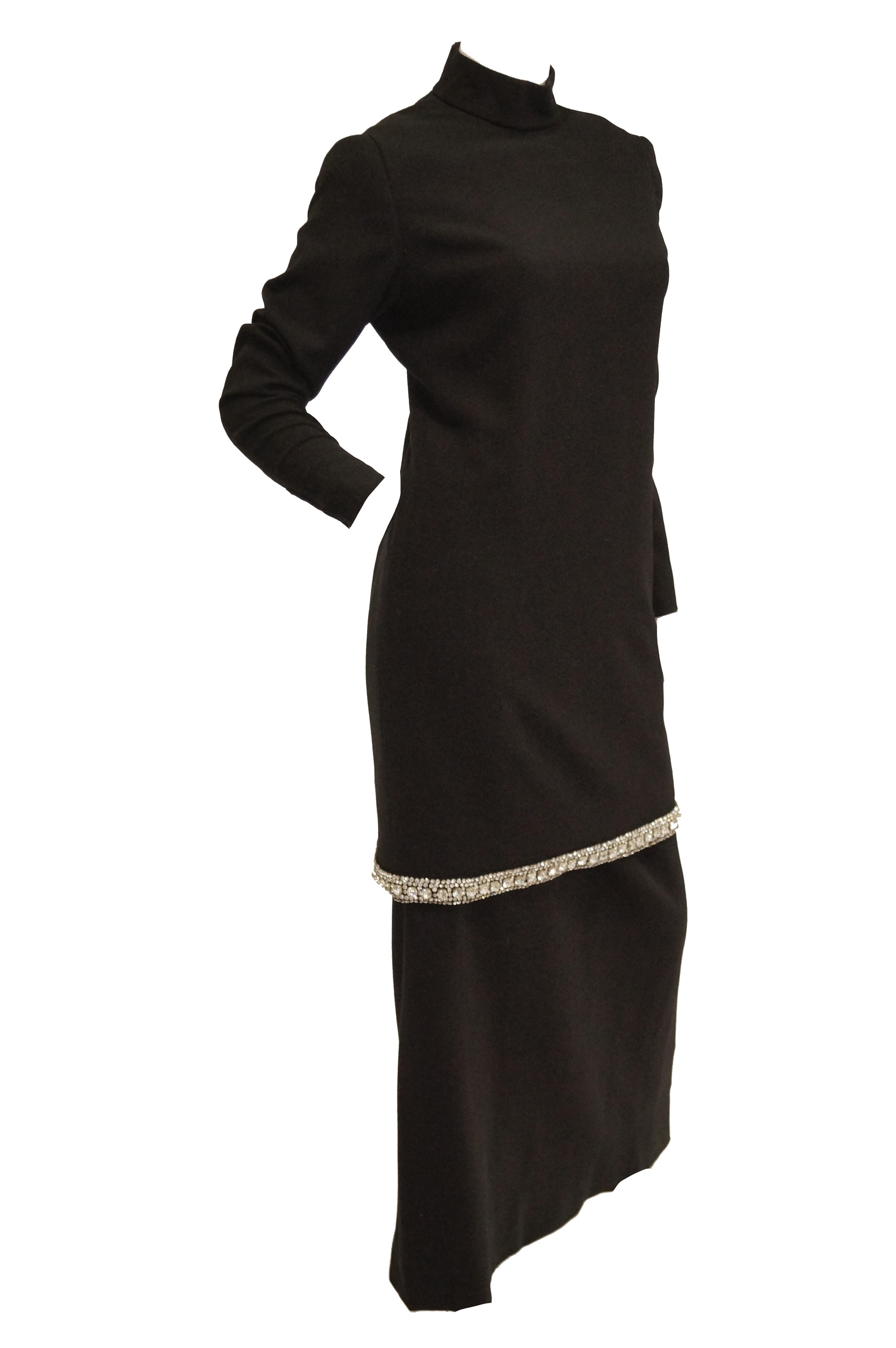 1970s Black Wool Evening Dress Ensemble with Oversized Rhinestone Trim For Sale 3