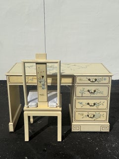 1970s Bone Beige Lacquered Hand Painted / Decorated Chinoiserie Desk With Chair