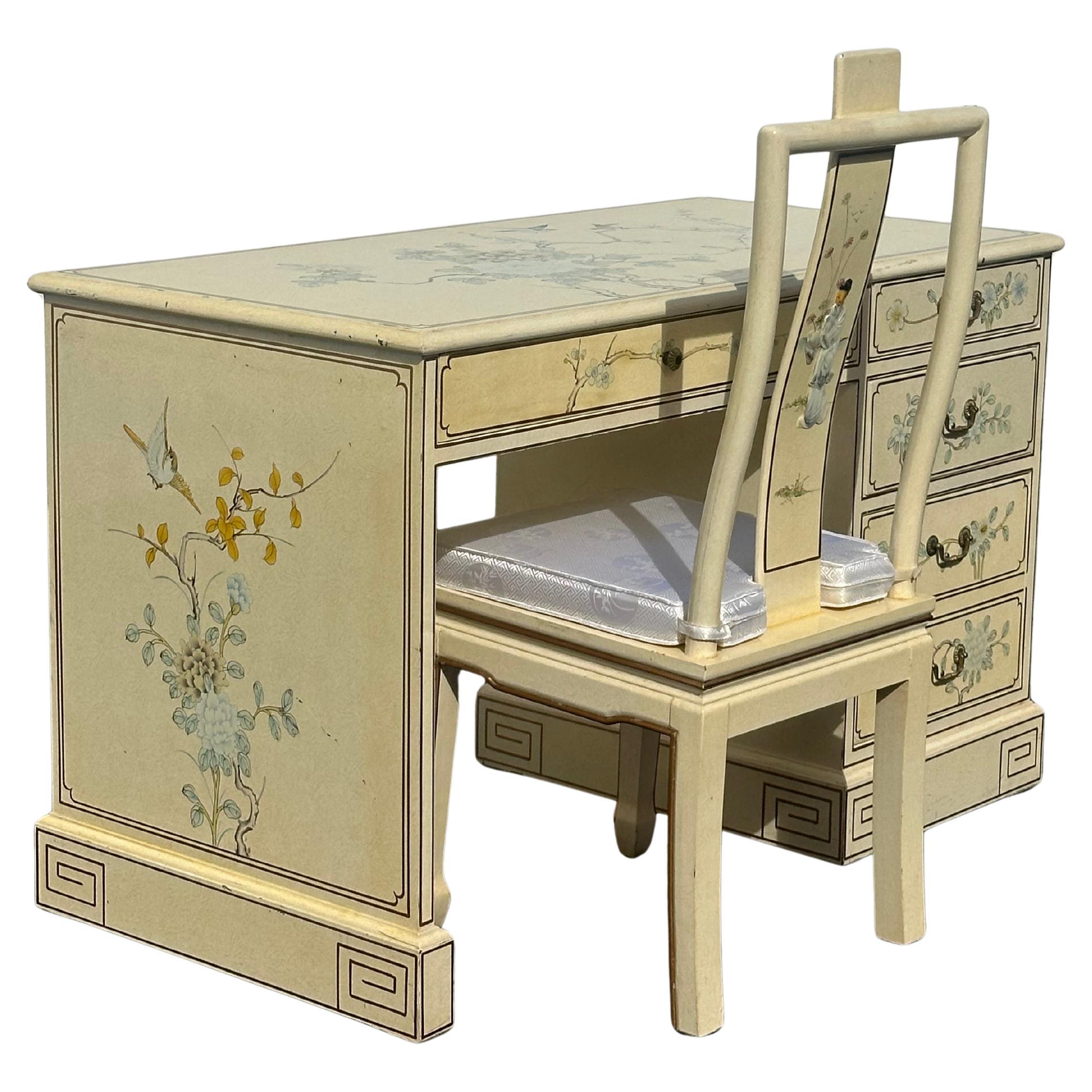 Escritorio con Silla de Chinoiserie Pintado a Mano / Decorado, Lacado en Beige Hueso, Años 70 en venta