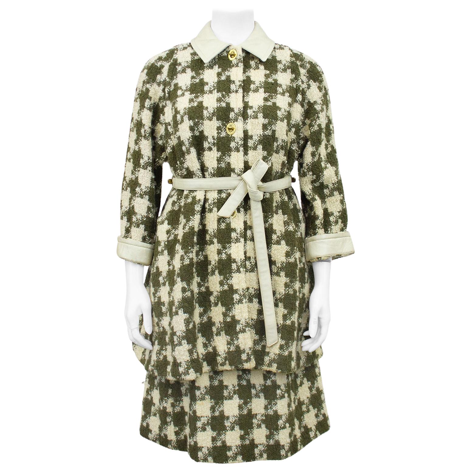1970s Bonnie Cashin Cream and Green Houndstooth Coat and Skirt Ensemble 