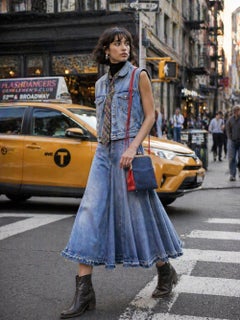 1970s Bonnie Cashin for Coach Red Leather Denim Double Entry Swinger Bag