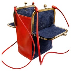 1970s Bonnie Cashin for Coach Red Leather Denim Double Entry Swinger Bag