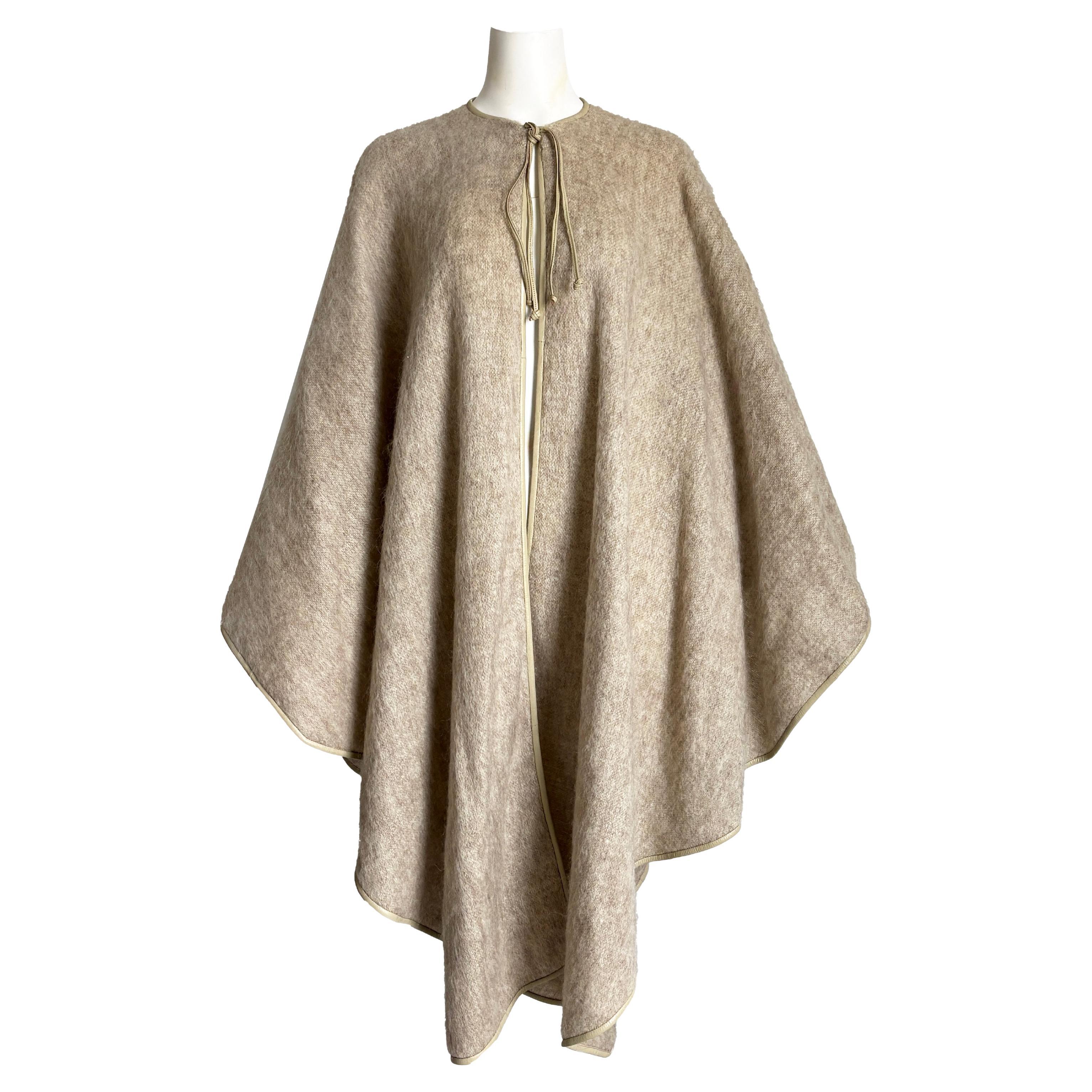 1970s Bonnie Cashin for Sills Oatmeal Mohair Knit Cape with Leather Trim