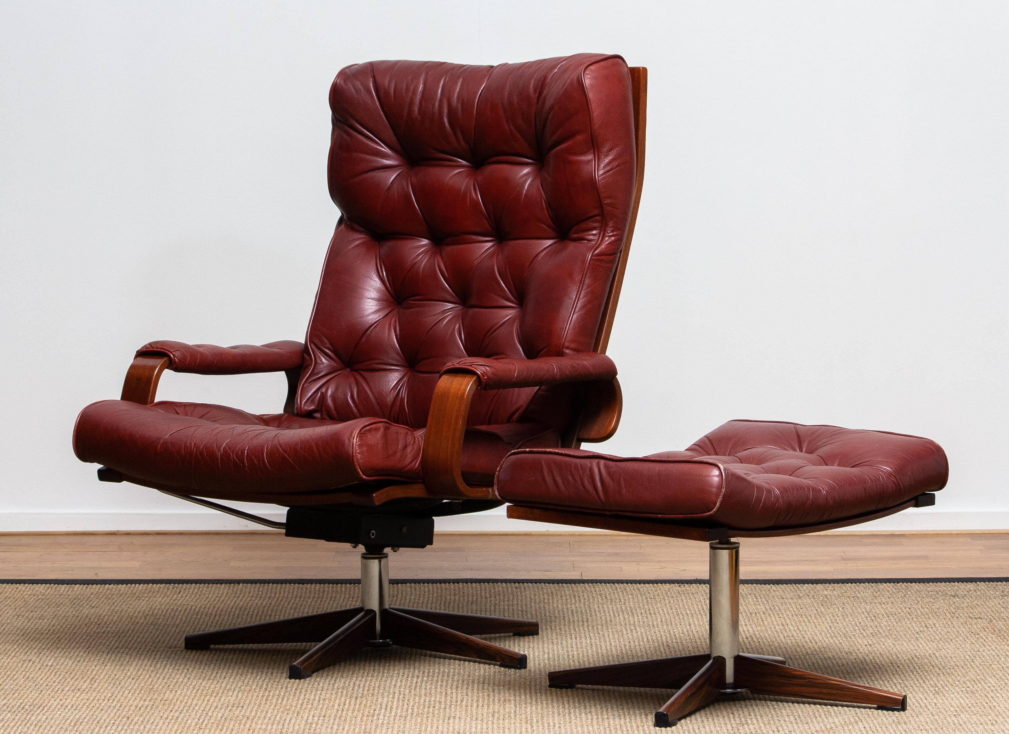 1970s, Bordeaux / Brown Rocking Swivel Lounge / Easy Chair and Ottoman by Kropp 4