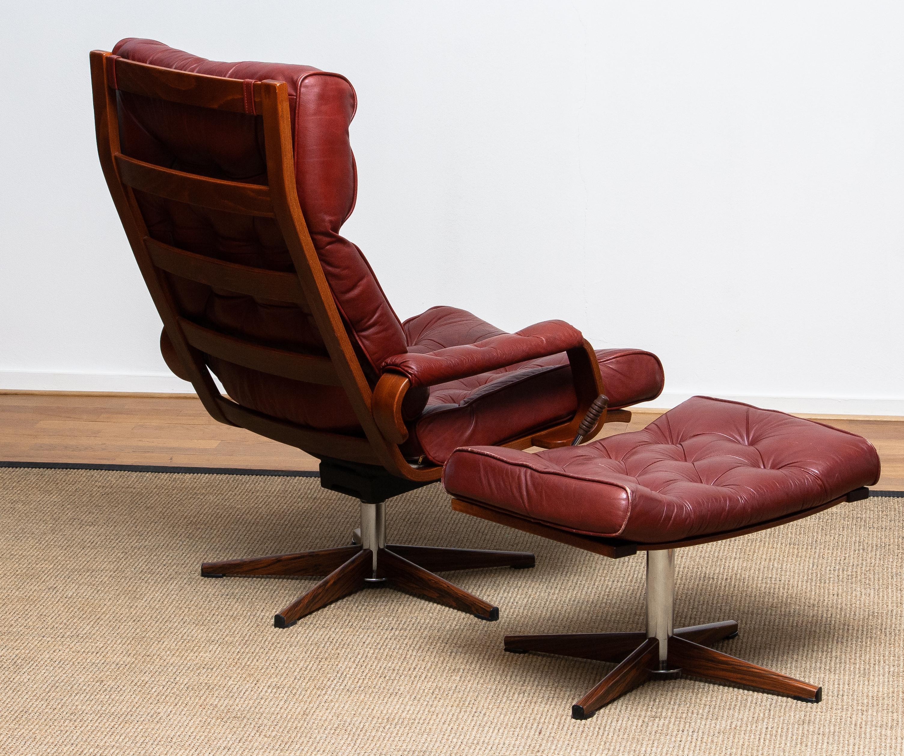 1970s, Bordeaux / Brown Rocking Swivel Lounge / Easy Chair and Ottoman by Kropp 8