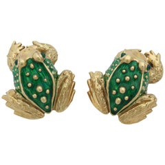 1970s Boris LeBeau Green Enamel with Emeralds Gold Figural Frog Earrings