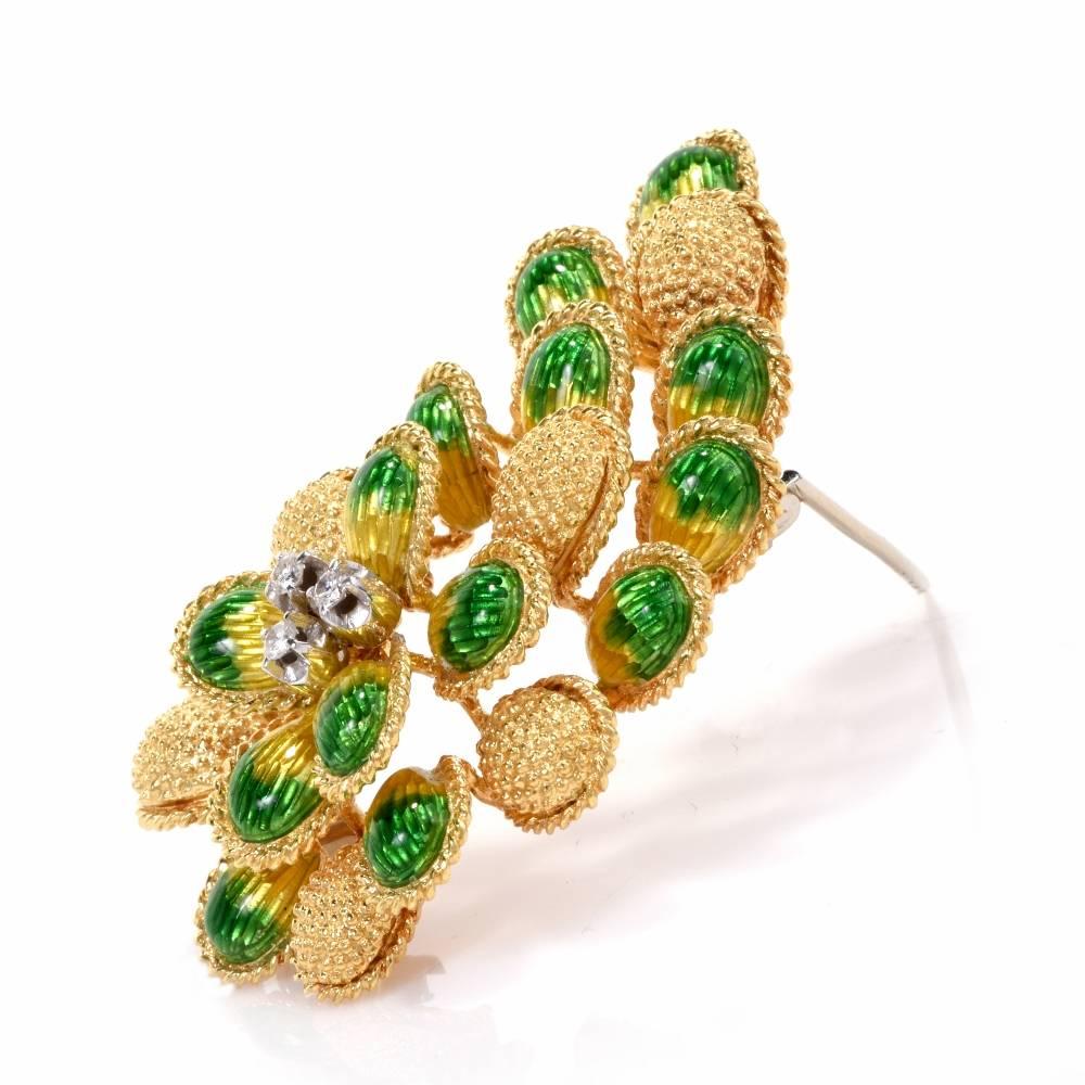 Women's 1970s Botanical 18-Karat Yellow Gold Diamond Enamel Brooch