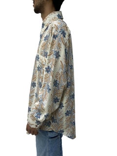 1970S Botanical Cream Cotton Cowboy Large Button Up Shirt