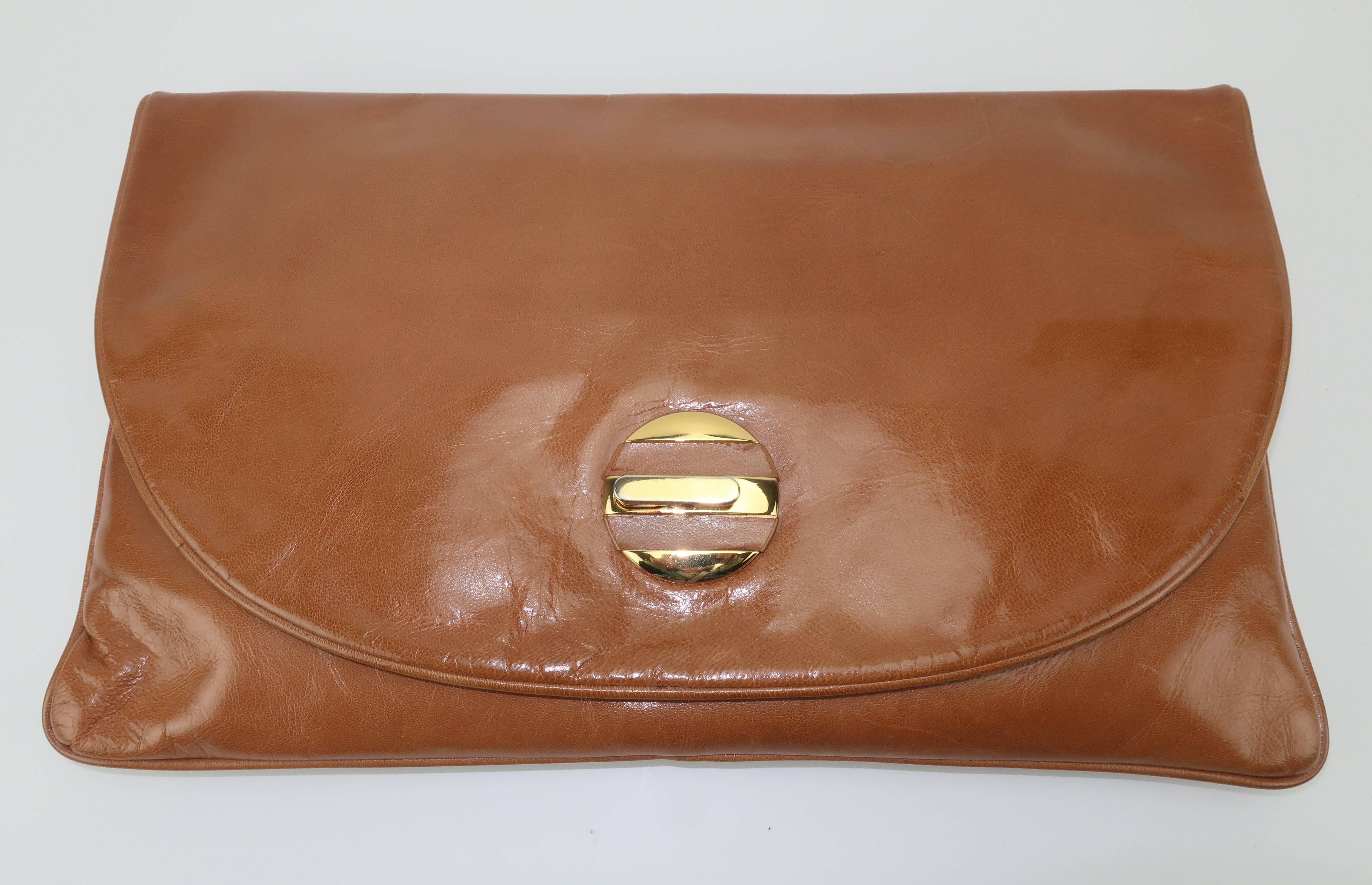 Brown 1970's Bottega Veneta Large Envelope Leather Clutch Handbag