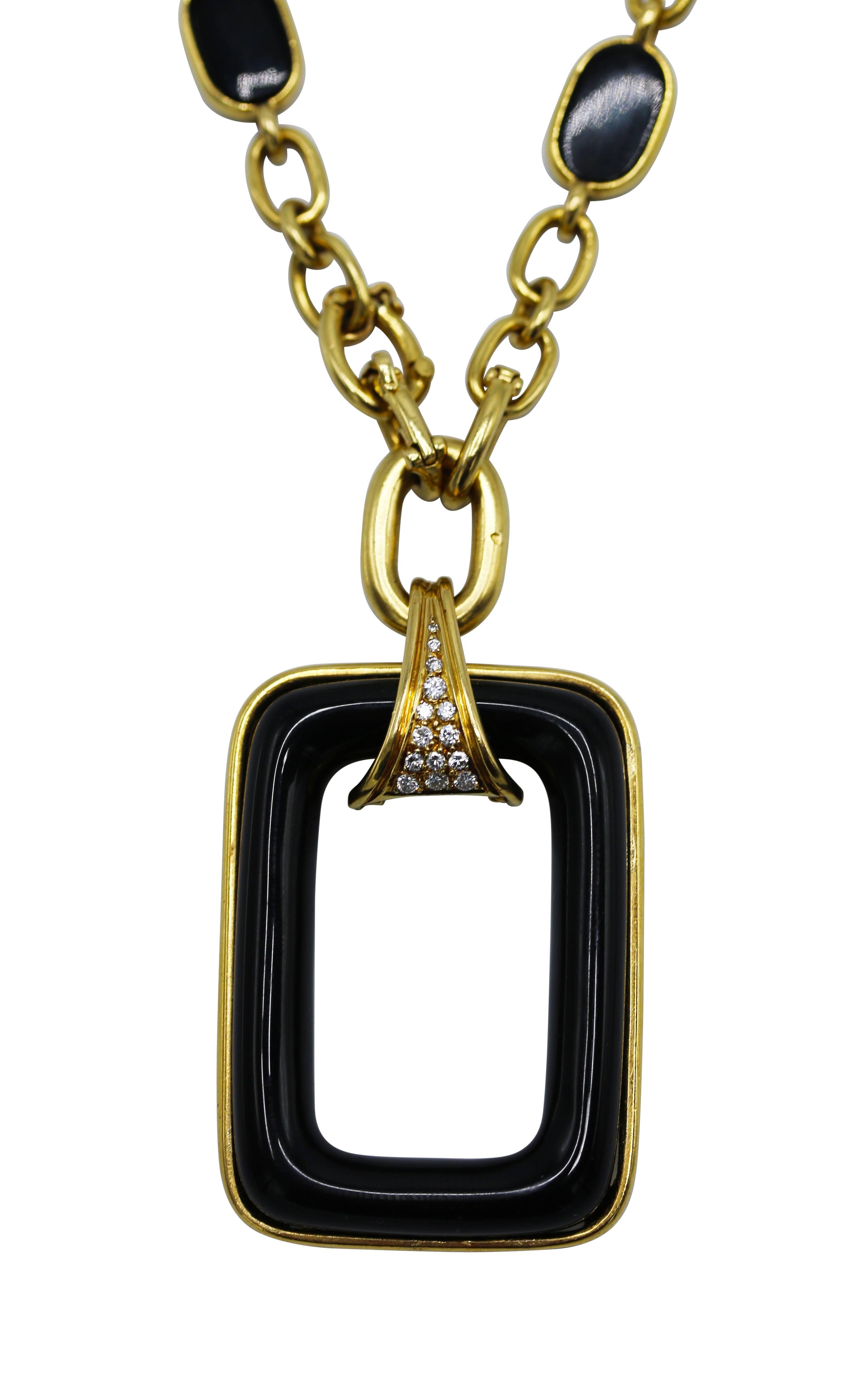 18 karat yellow gold, onyx and diamond pendant necklace by Boucheron, France, circa 1970, designed as a long chain of polished openwork gold links spaced by onyx sections, supporting a modified rectangular onyx pendant, accented by round diamonds