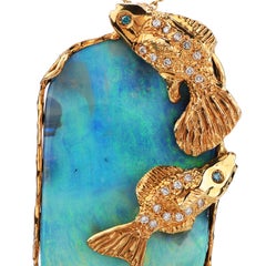 1970's Boulder Opal Diamond 18K Gold Large Fish Pendant