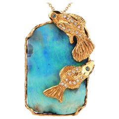 1970's Boulder Opal Diamond 18K Gold Large Fish Pendant