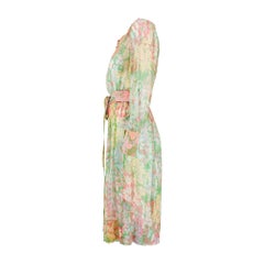 1970s Boutique Andrée Green and Pink Floral Silk Chiffon Dress