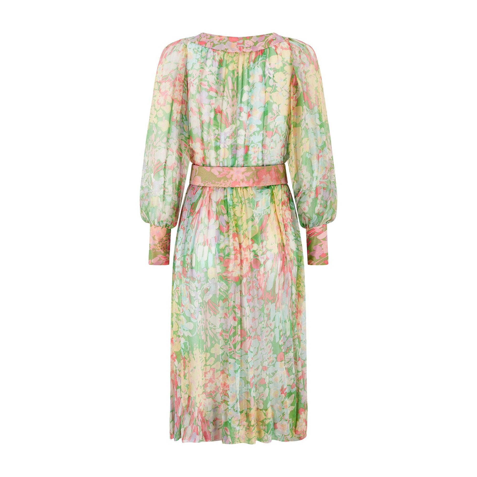 1970s Boutique Andrée Vestido de gasa de seda floral verde y rosa Beige en venta