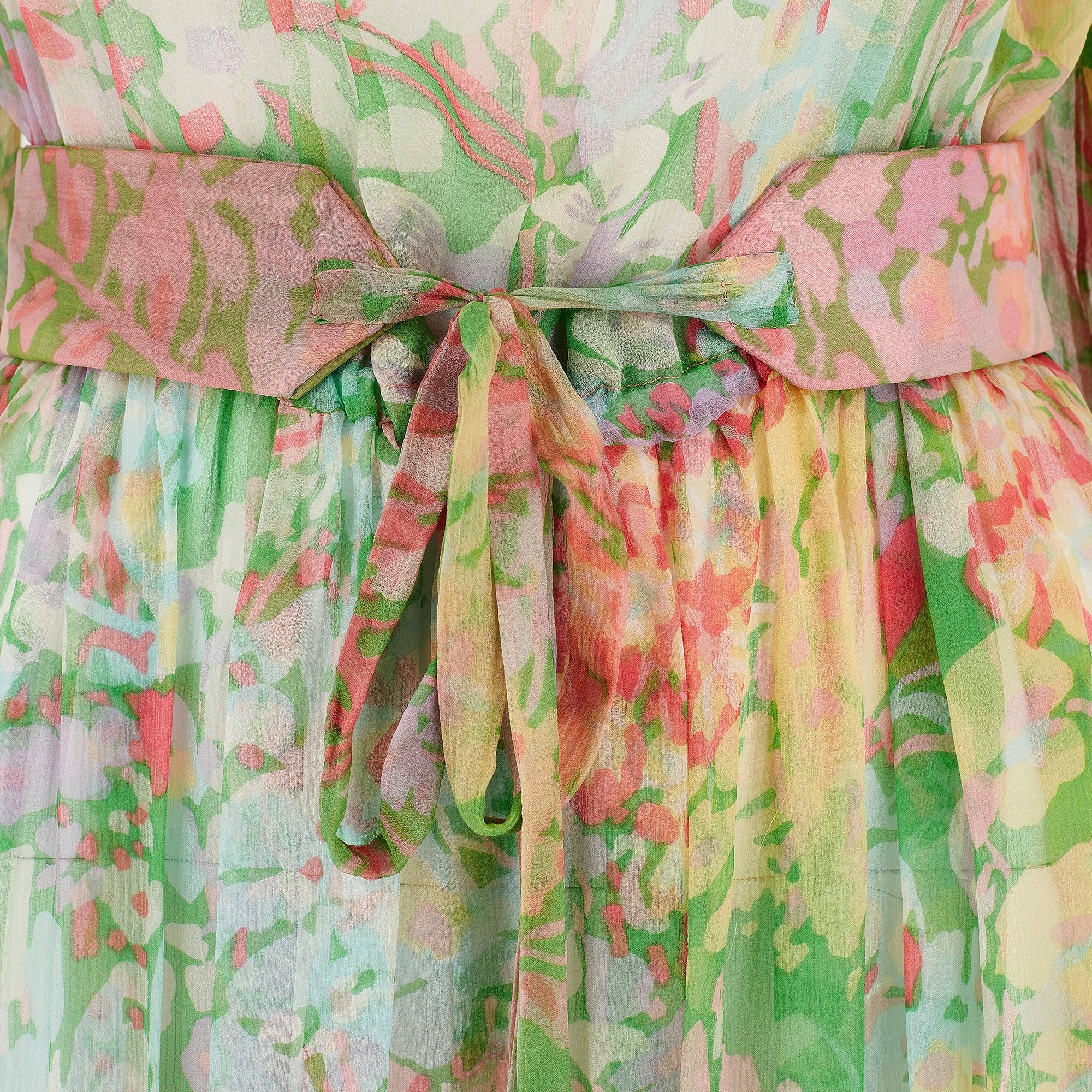 1970s Boutique Andrée Vestido de gasa de seda floral verde y rosa en Bueno estado para la venta en London, GB