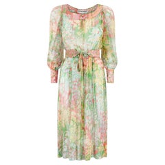 1970s Boutique Andrée Green and Pink Floral Silk Chiffon Dress