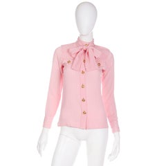 1970s Boutique Valentino Vintage Pink Mini Check Silk Blouse w V Buttons & Bow