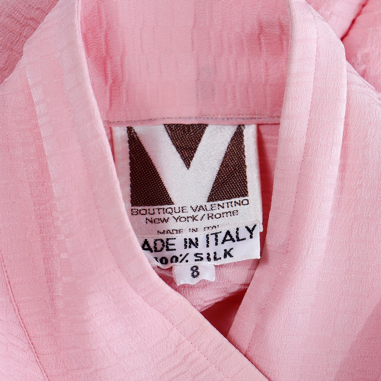 1970s Boutique Valentino Vintage Pink Mini Check Silk Blouse w V Buttons & Bow For Sale 4