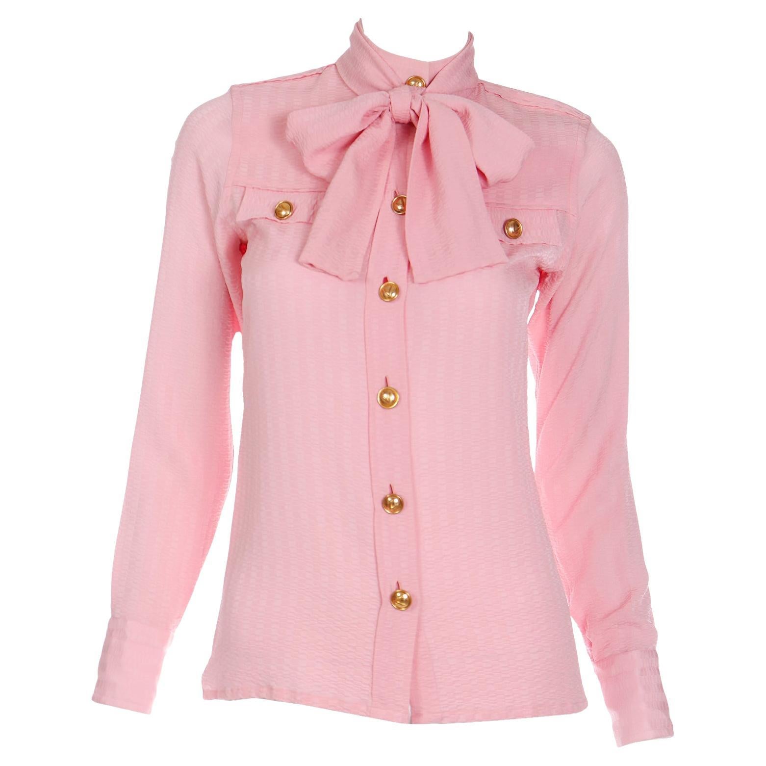 1970s Boutique Valentino Vintage Pink Mini Check Silk Blouse w V Buttons & Bow For Sale