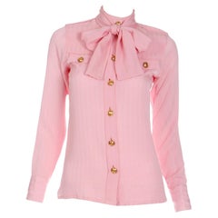 1970s Boutique Valentino Retro Pink Mini Check Silk Blouse w V Buttons & Bow