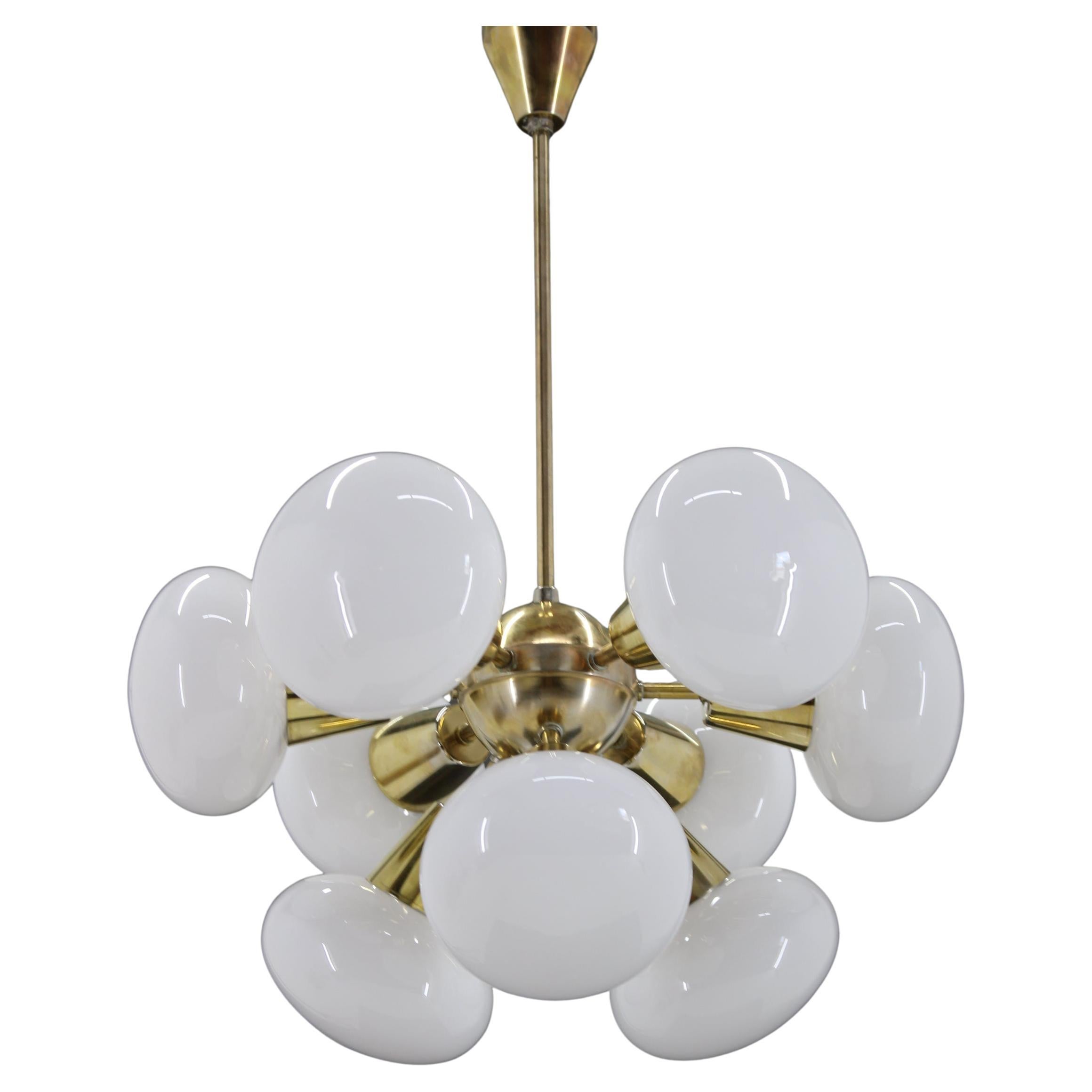1970s Brass 9-Flamming Chandelier by Sputnik , Czechoslovakia