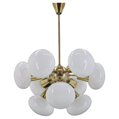1970s Brass 9-Flamming Chandelier by Sputnik , Czechoslovakia