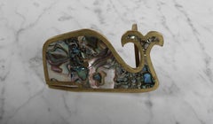1970s Brass & Abalone Shell WHALE Belt Buckle - Hand Crafted in Mexico -